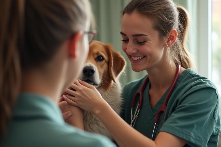 スタッフが優しく犬に寄り添っている様子
